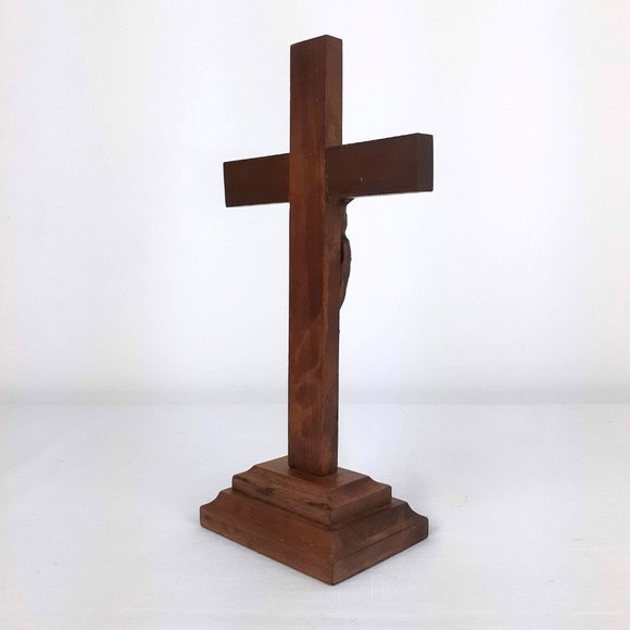 Vintage Wooden Cross with Metal Crucifix INRI Freestanding - Picture 3 of 12